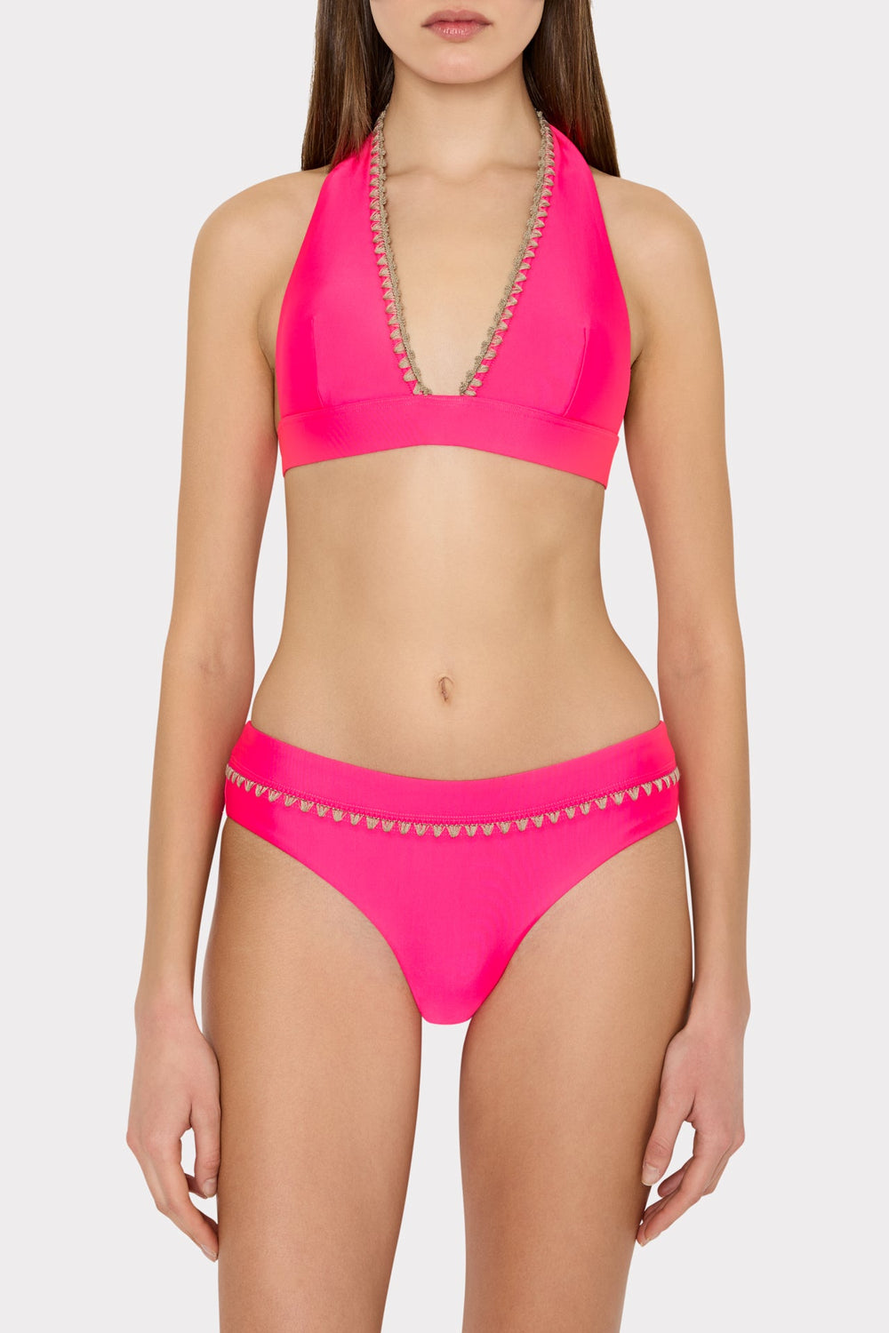 Crochet Stitch Halter Bikini Top Pink/Tan | Milly Women
