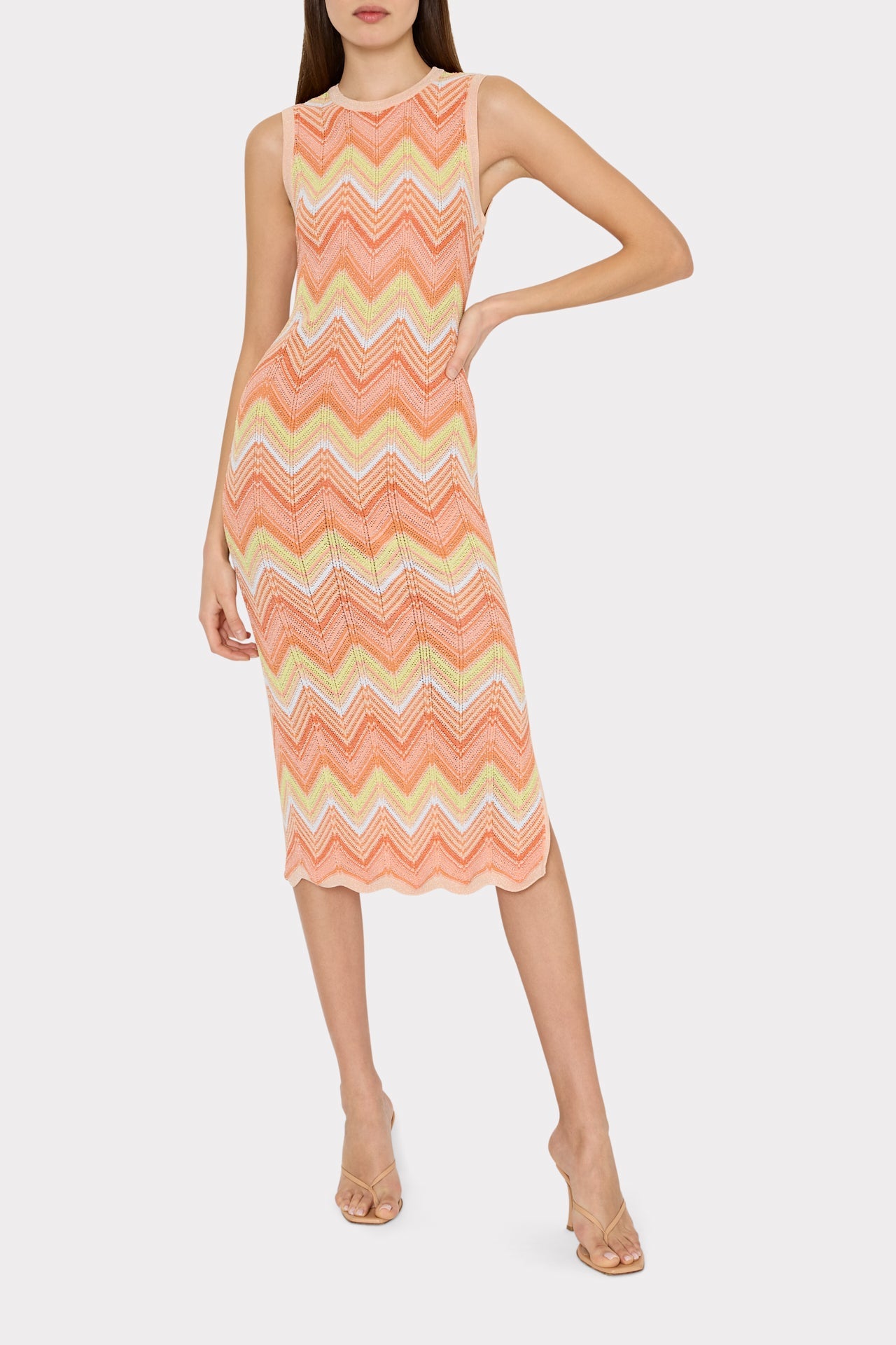 Multi Zig Zag Sleeveless Midi Dress Coral Multi | Milly Women
