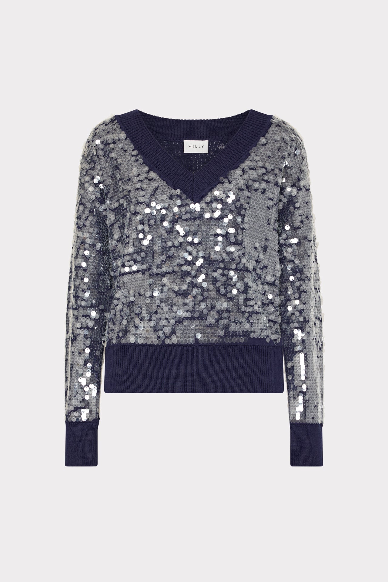 Ilaria Sequin V-Neck Sweater Navy | Milly Women