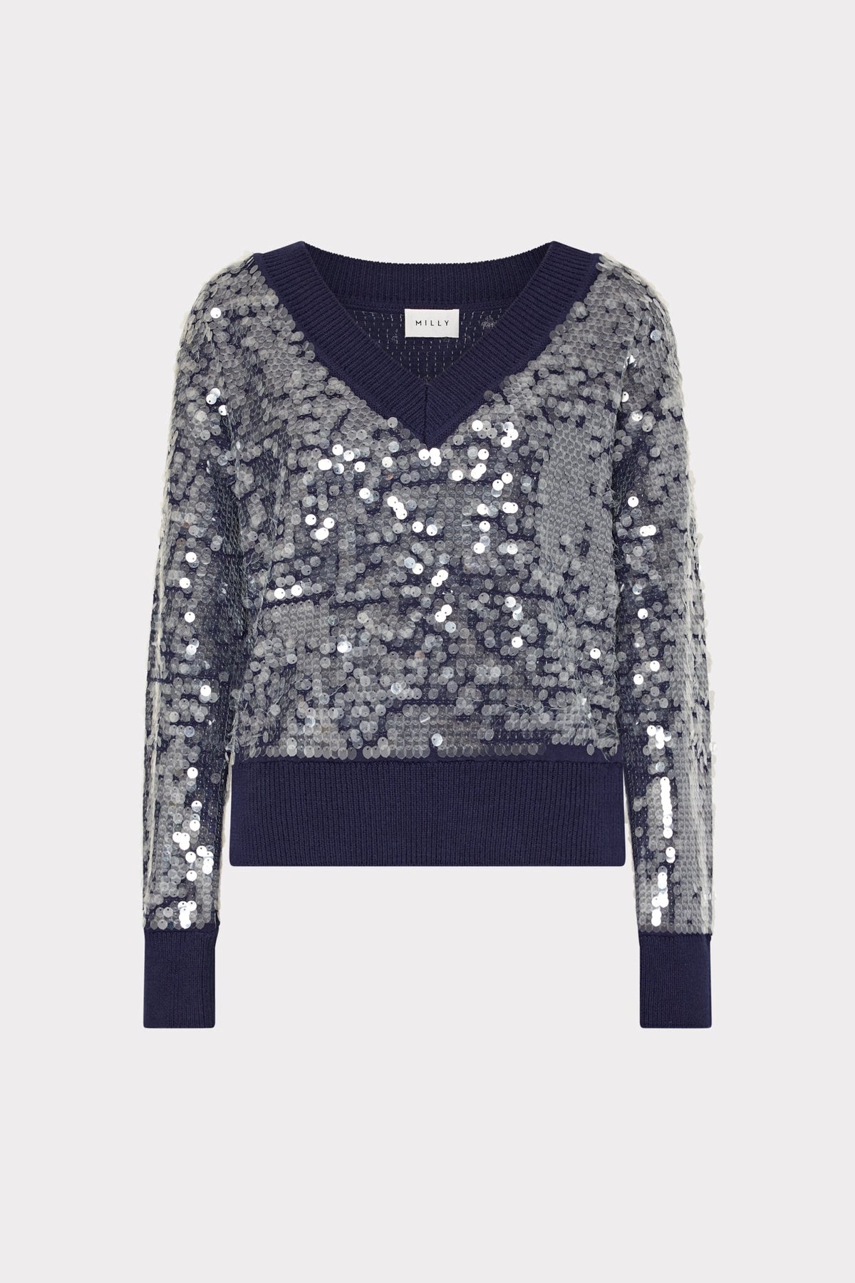 Ilaria Sequin V-Neck Sweater Navy | Milly Women