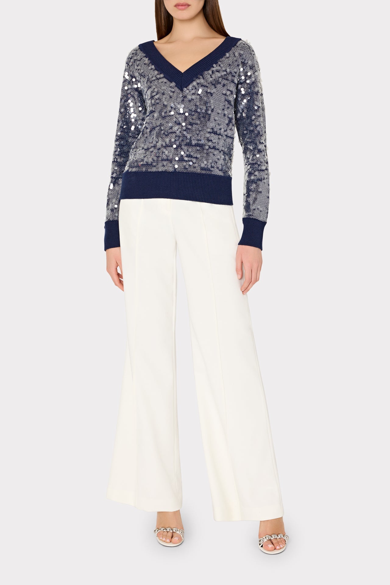Ilaria Sequin V-Neck Sweater Navy | Milly Women