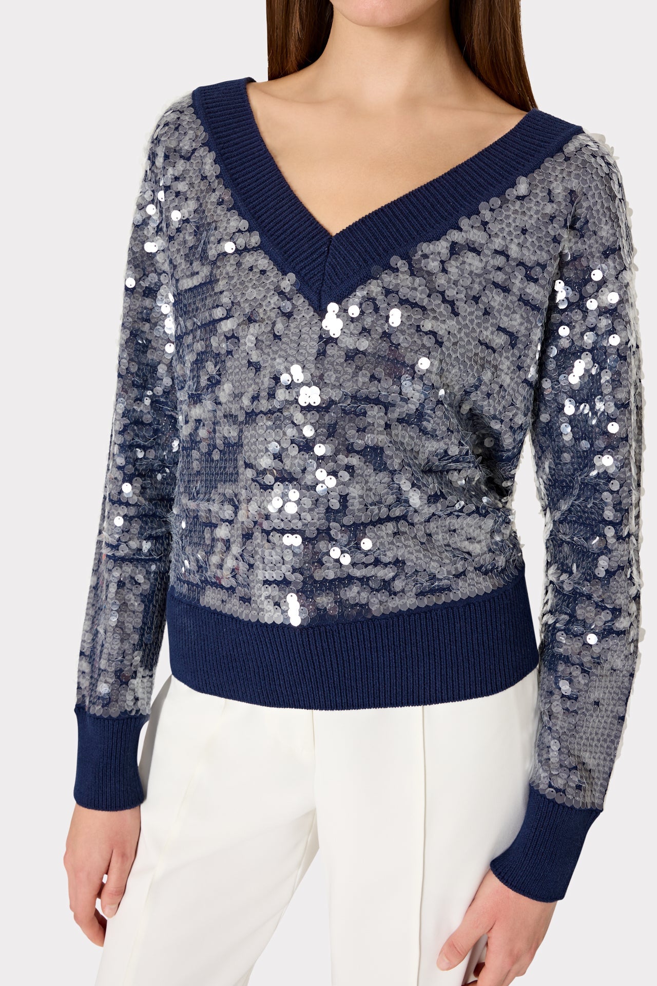 Ilaria Sequin V-Neck Sweater Navy | Milly Women