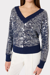 Ilaria Sequin V-Neck Sweater Navy | Milly Women