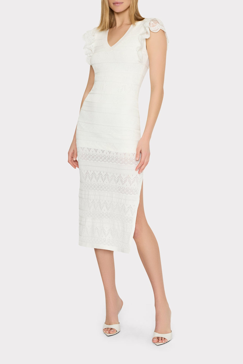 Lace Flutter Sleeve Knit Midi Dress Ecru | Milly Women