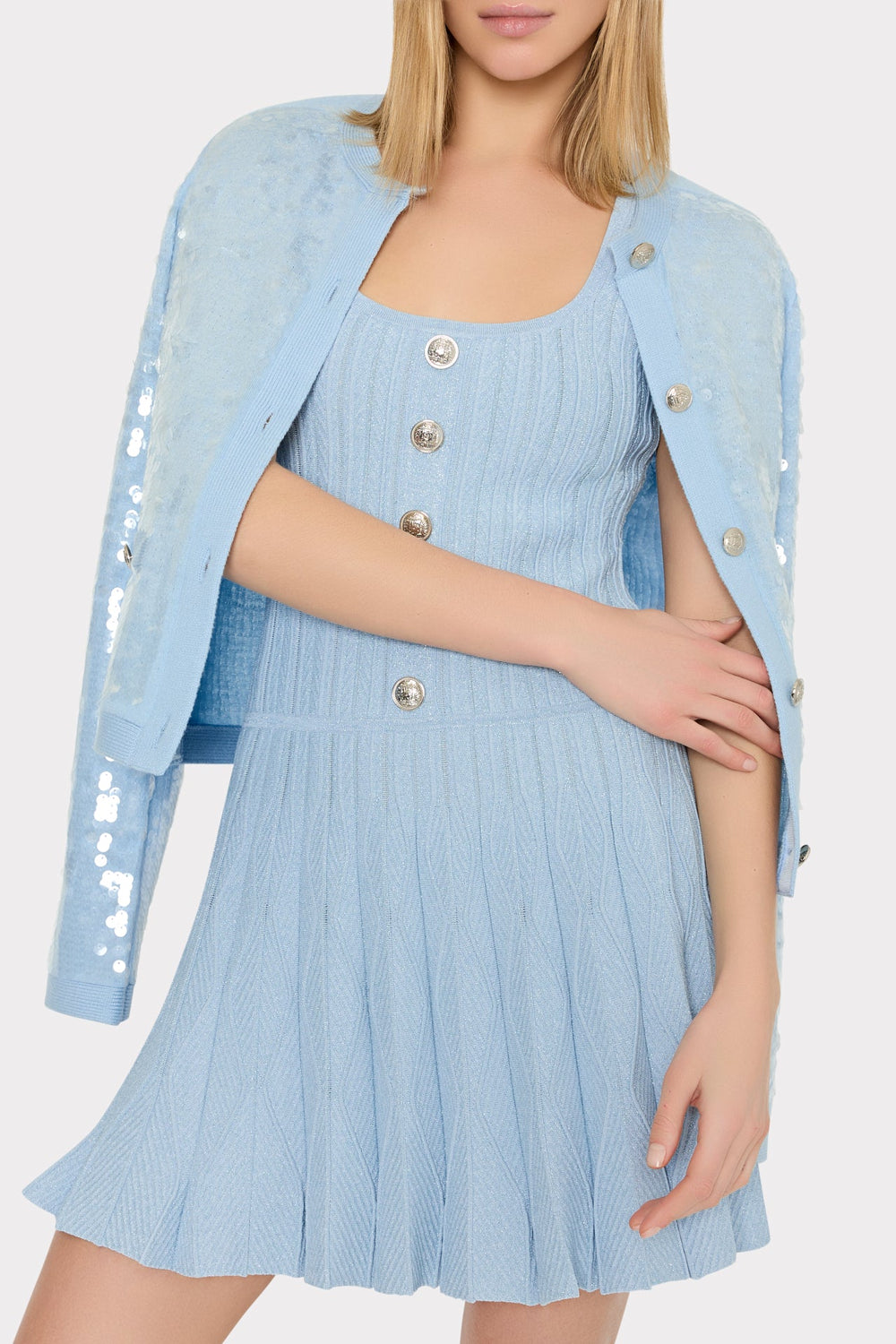Wave Godet Flare Knit Mini Dress Light Blue | Milly Women