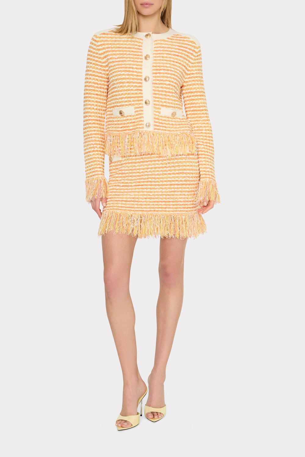 Textured Fringe Trim Cardigan Orange Yellow Multi | Milly Women