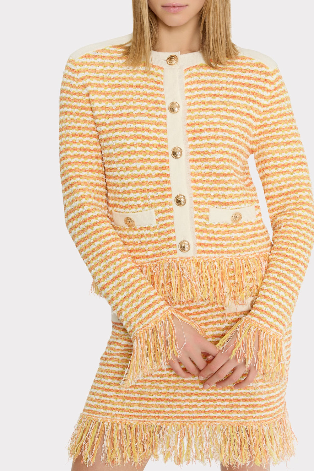 Textured Fringe Trim Cardigan Orange Yellow Multi | Milly Women