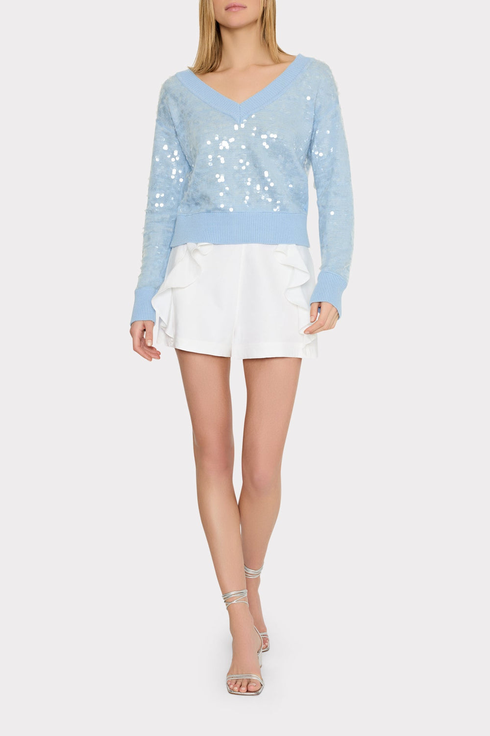 Ilaria Sequin V-Neck Sweater Light Blue | Milly Women