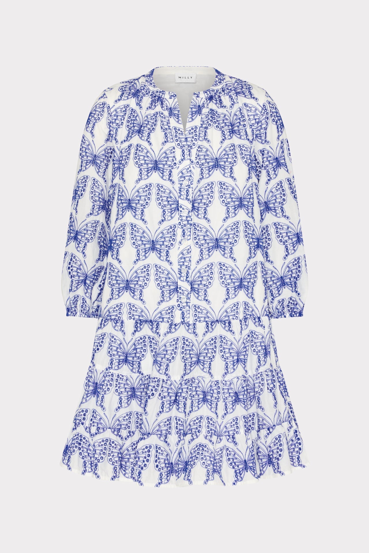Tiered Butterfly Eyelet Mini Dress White/Blue | Milly Women