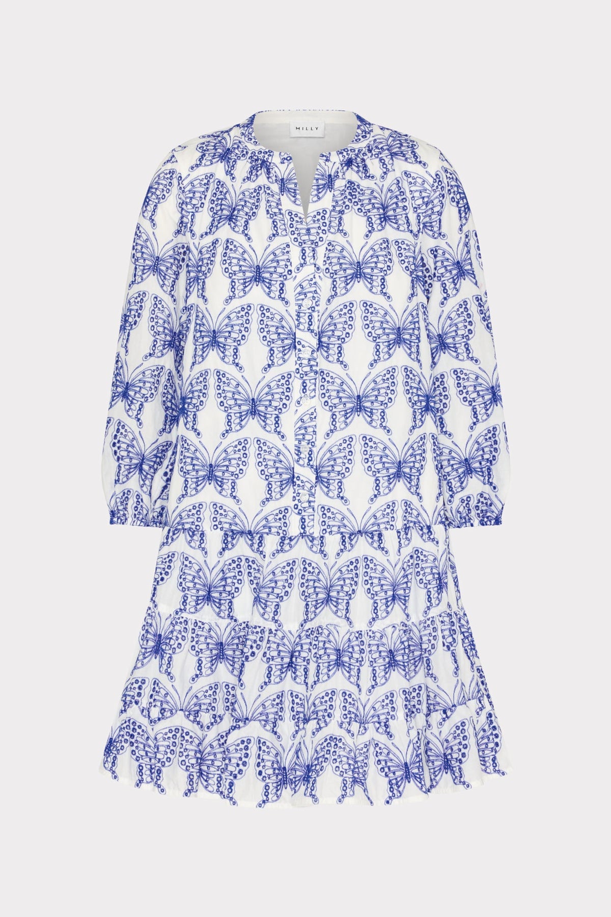 Tiered Butterfly Eyelet Mini Dress White/Blue | Milly Women