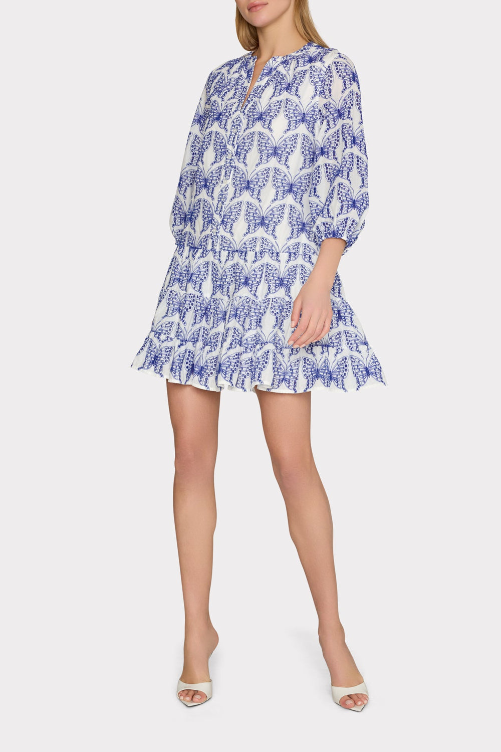 Tiered Butterfly Eyelet Mini Dress White/Blue | Milly Women