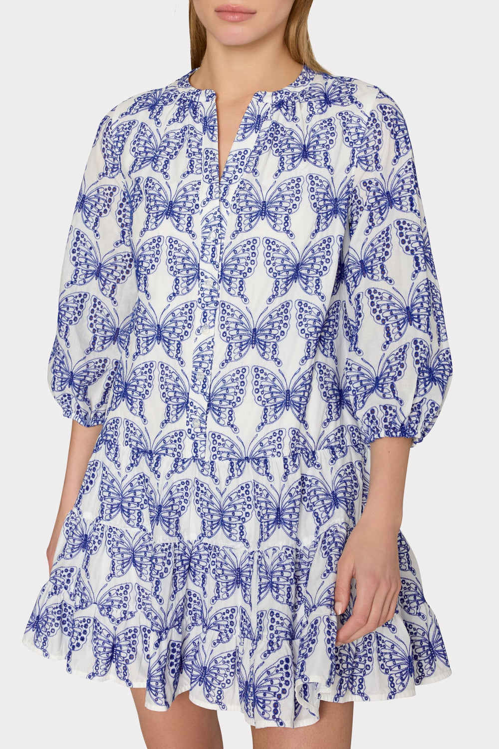 Tiered Butterfly Eyelet Mini Dress White/Blue | Milly Women