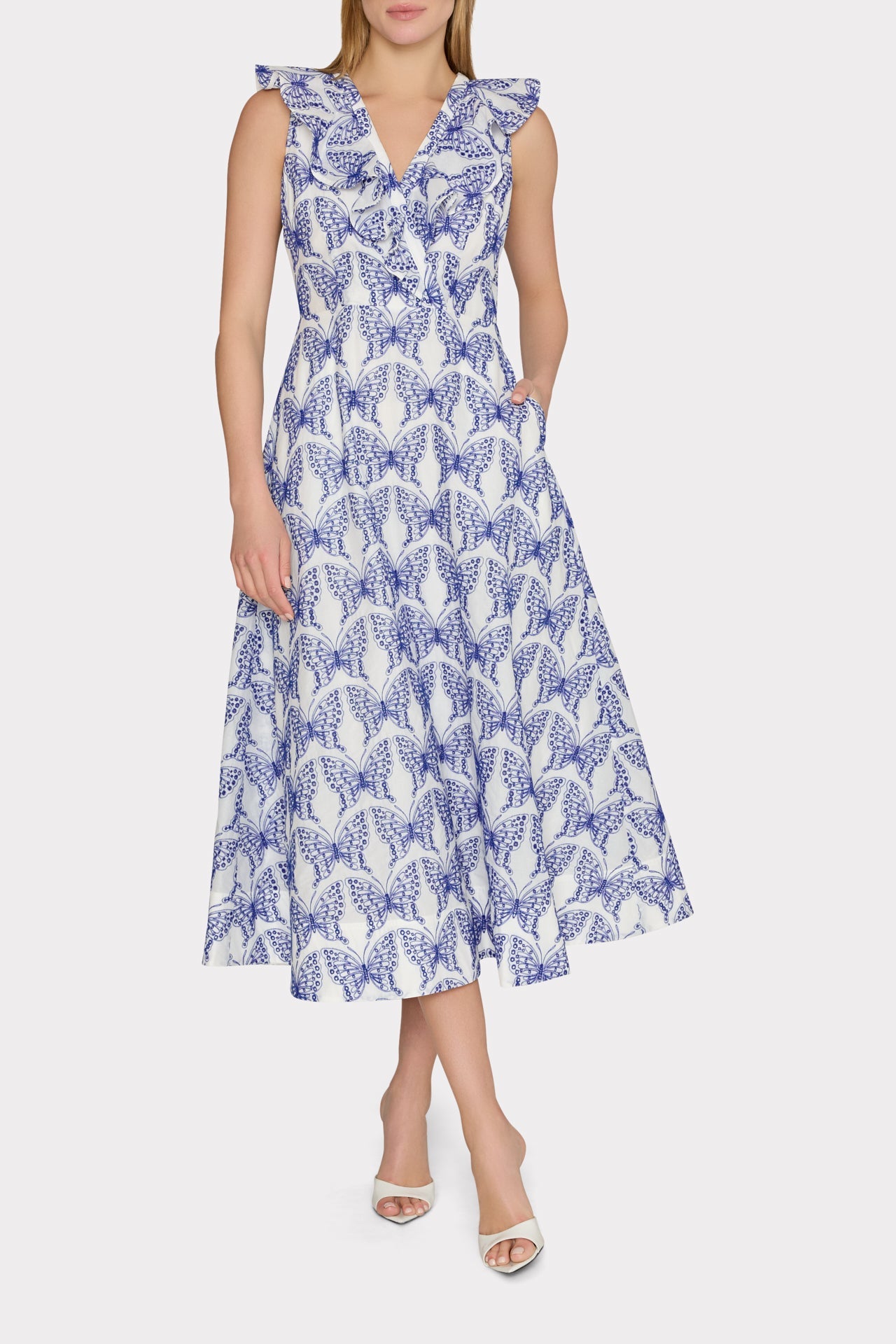 Butterfly Eyelet Ruffle Midi Dress White/Blue | Milly Women
