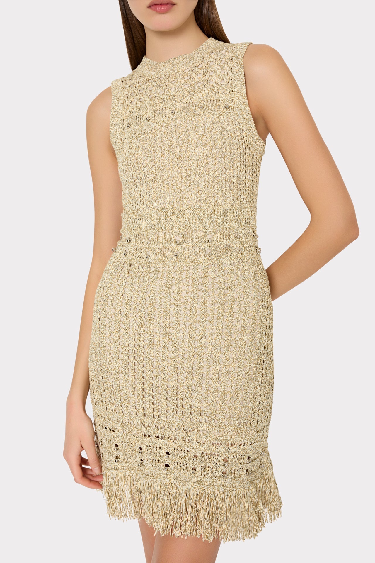 Beaded Fringe Knit Mini Dress Beige Multi | Milly Women