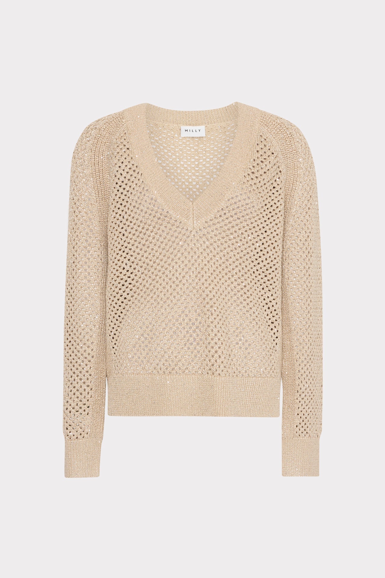 Sequin Mesh V-Neck Sweater Beige | Milly Women
