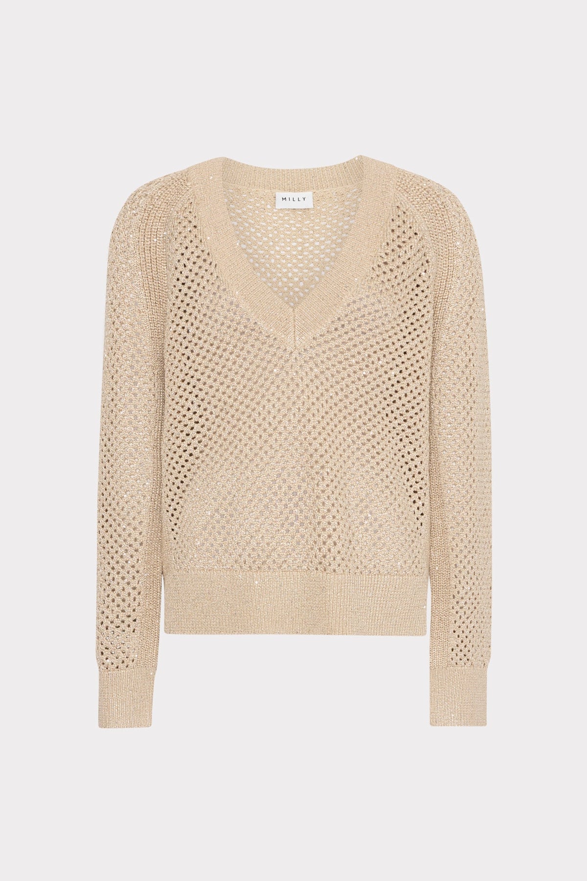 Sequin Mesh V-Neck Sweater Beige | Milly Women