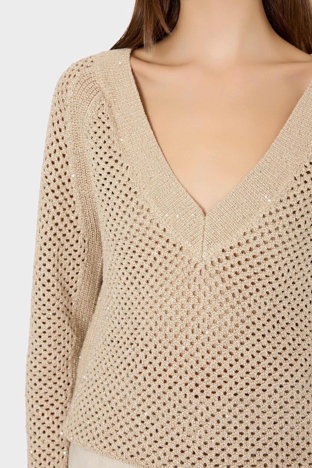 Sequin Mesh V-Neck Sweater Beige | Milly Women