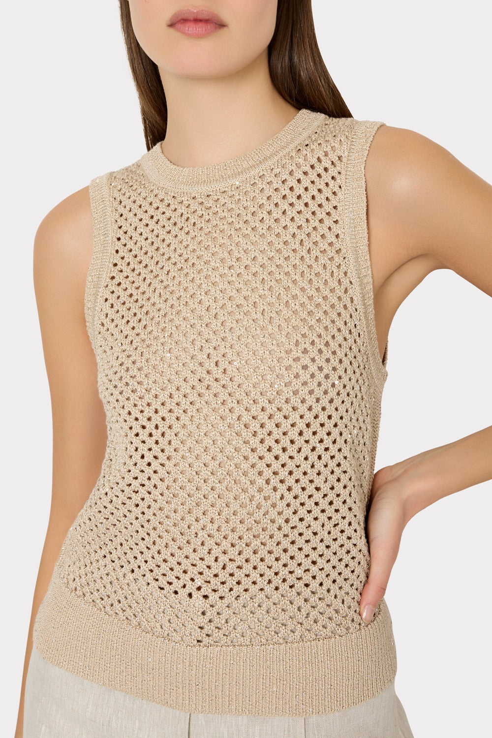 Sequin Mesh Shell Sweater Beige | Milly Women