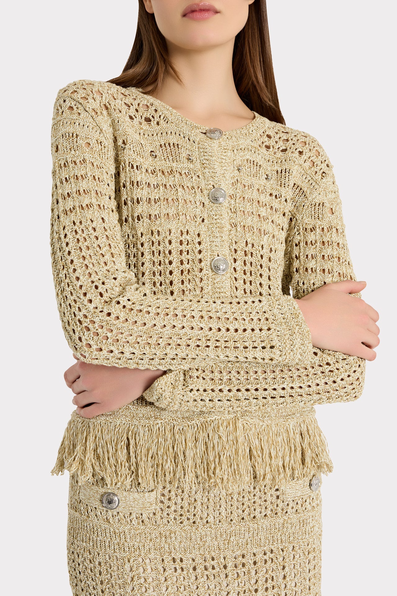 Beaded Fringe Knit Cardigan Beige Multi | Milly Women