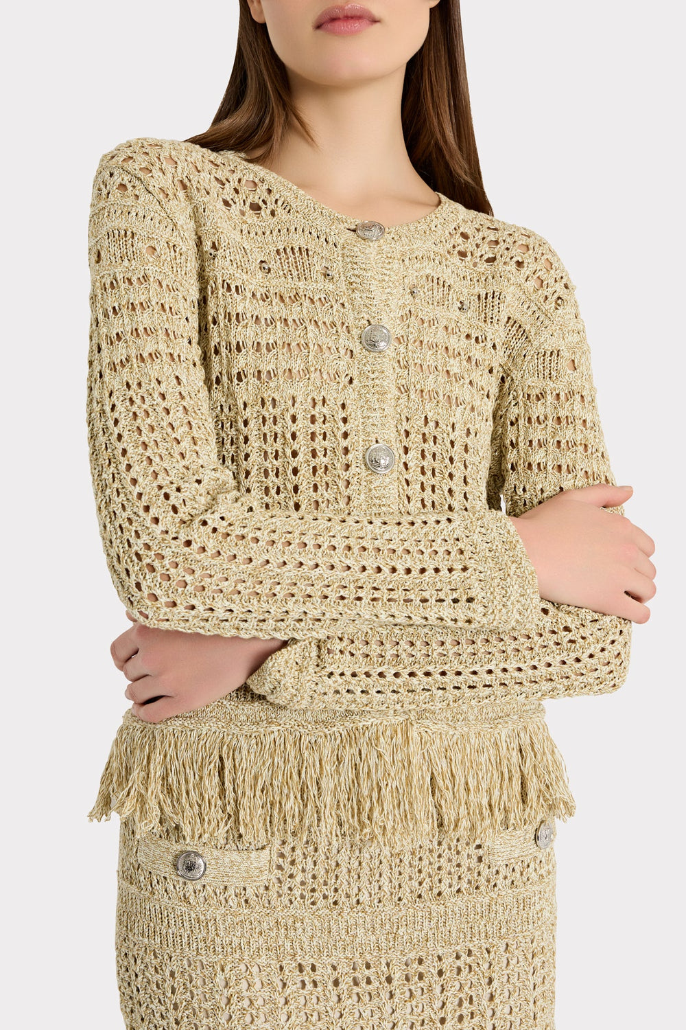 Beaded Fringe Knit Cardigan Beige Multi | Milly Women