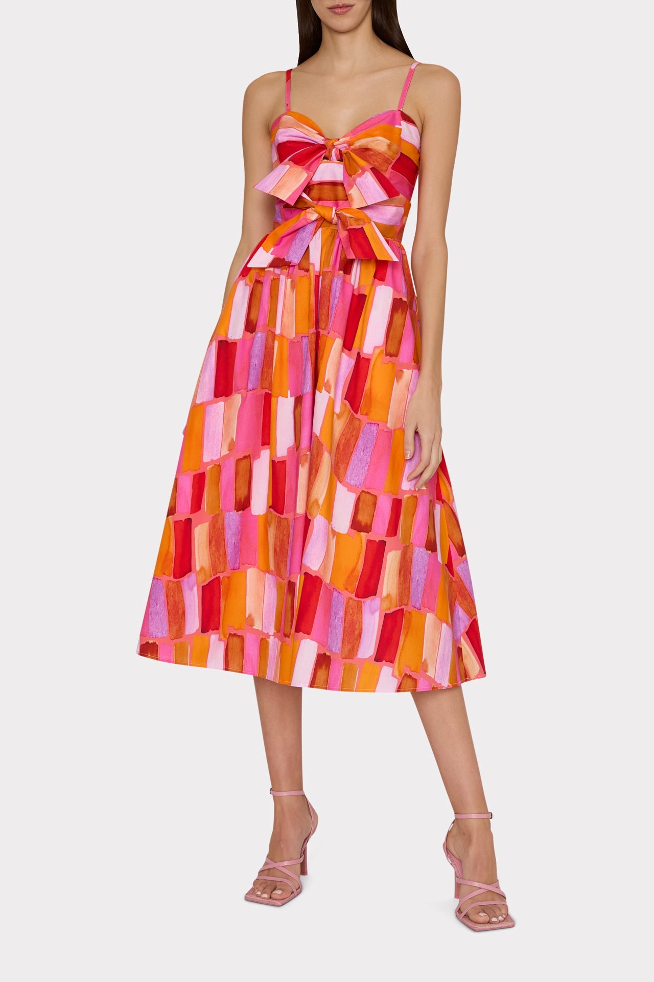 Natasha Sunset Tile Poplin Bow Midi Dress Pink Multi | Milly Women