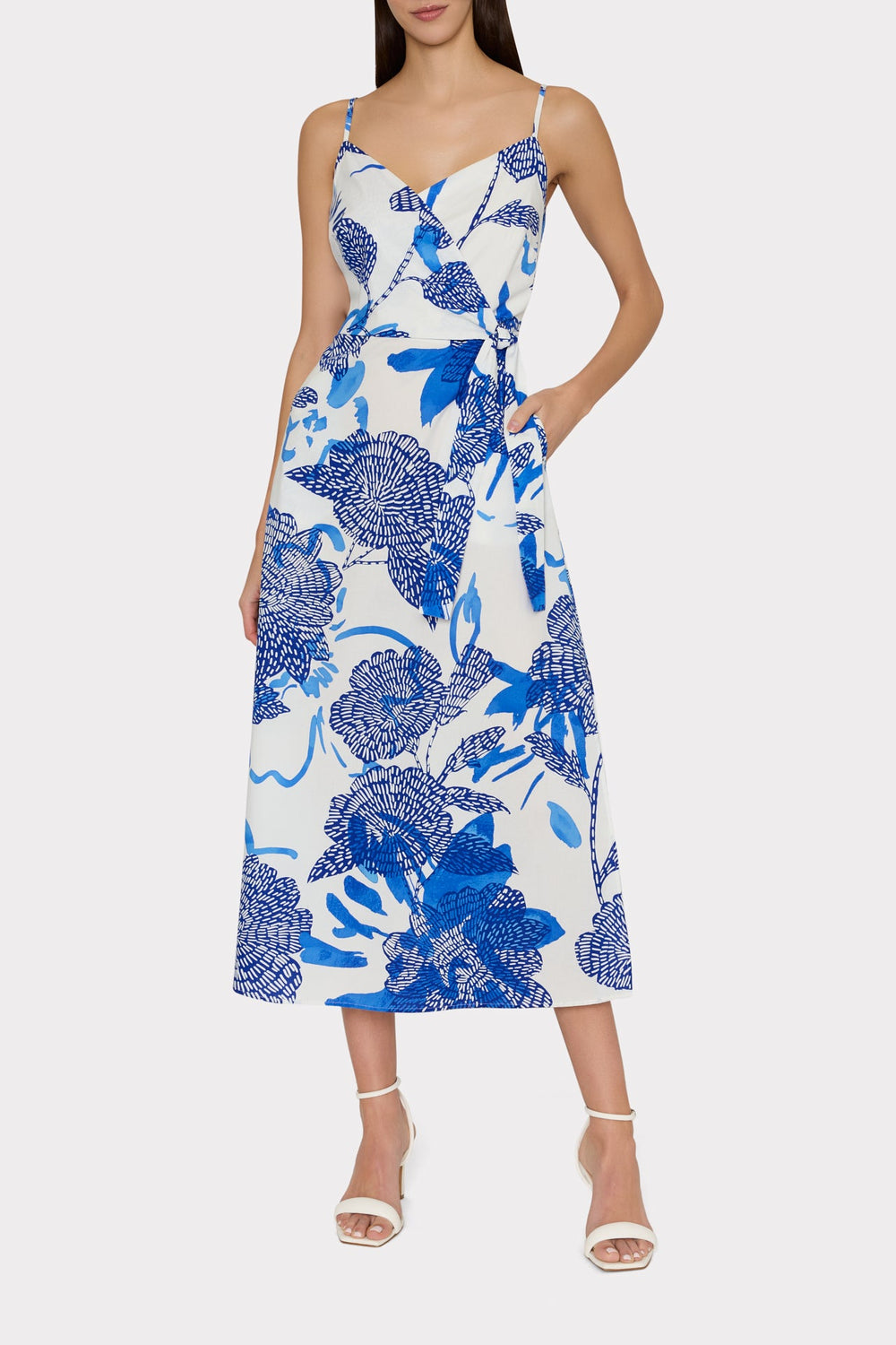 Norma Brushwork Floral Poplin Wrap Dress Blue Multi | Milly Women