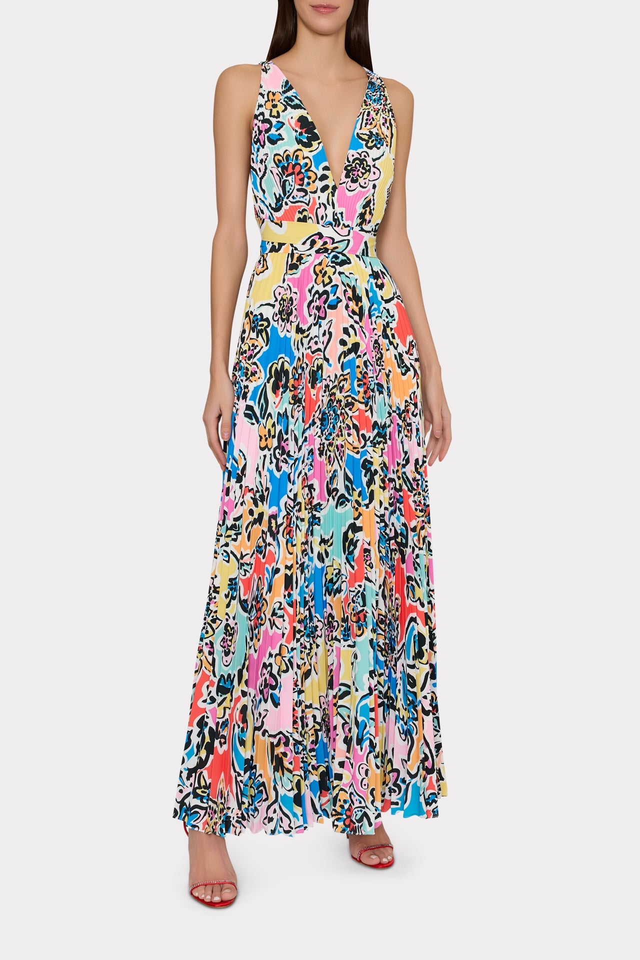 Oria Rainbow Oasis Pleated Dress Black Multi | Milly Women