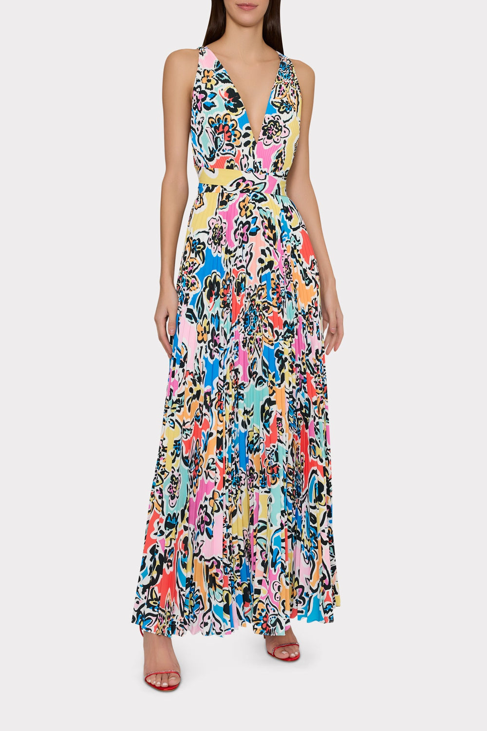 Oria Rainbow Oasis Pleated Dress Black Multi | Milly Women