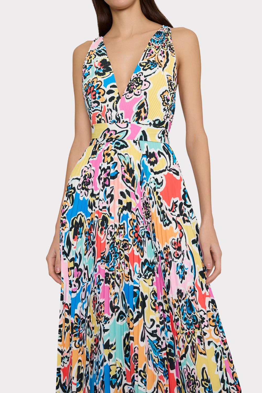 Oria Rainbow Oasis Pleated Dress Black Multi | Milly Women