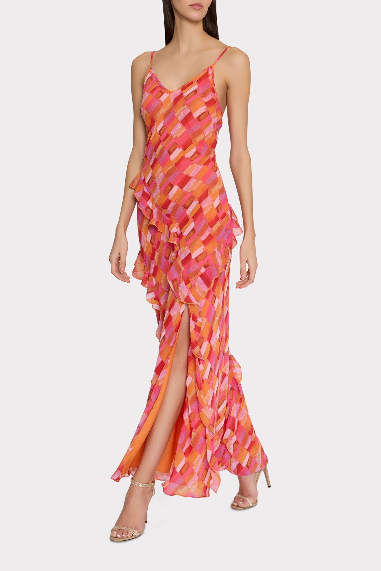 Sunset Tile Ruffle Maxi Dress Pink Multi | Milly Women