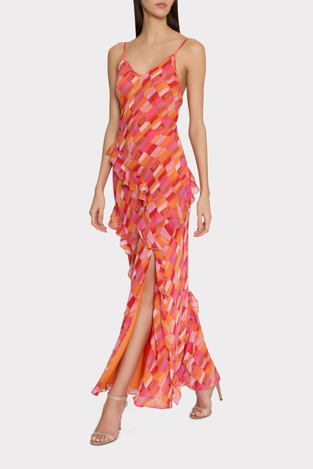 Sunset Tile Ruffle Maxi Dress Pink Multi | Milly Women