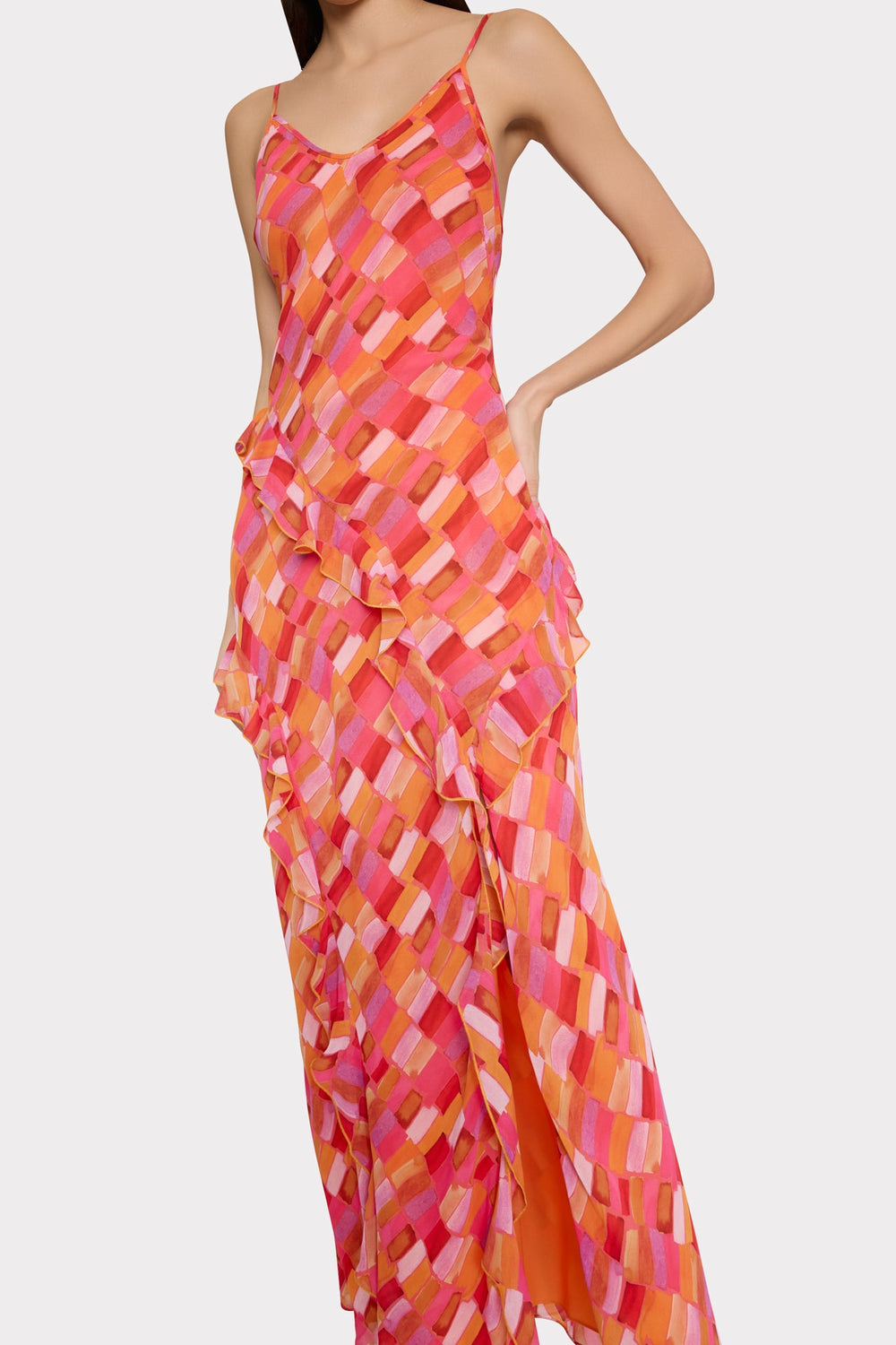 Sunset Tile Ruffle Maxi Dress Pink Multi | Milly Women