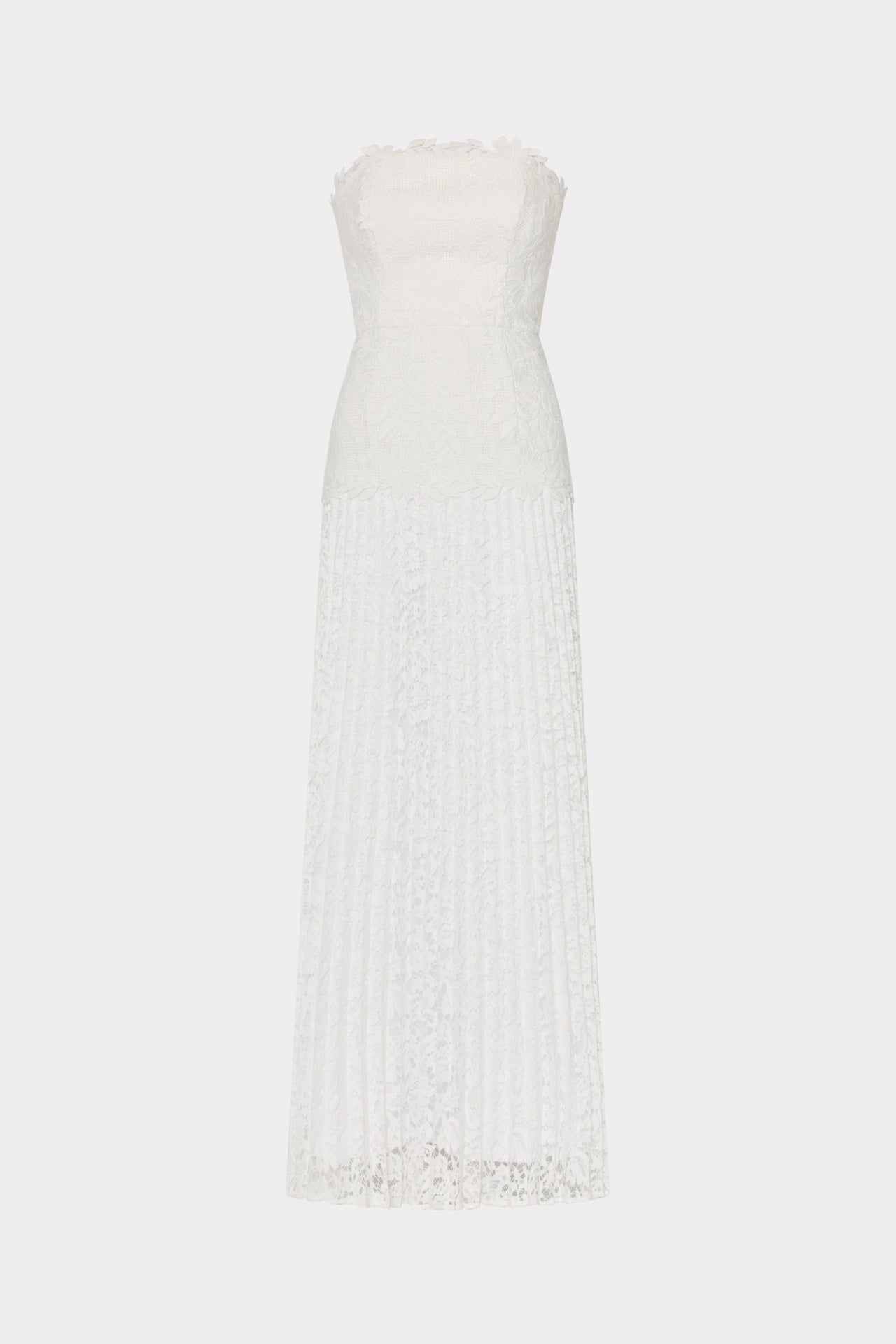 Norelle Strapless Mixed Laces Pleated Maxi Dress White | Milly Women