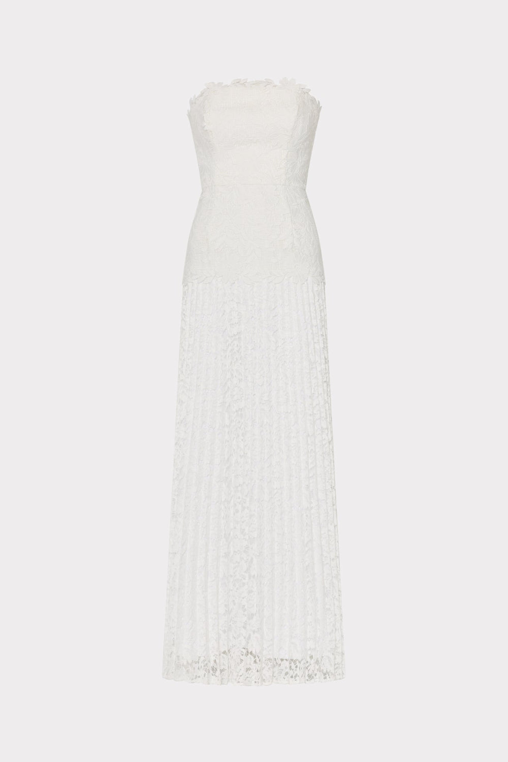 Norelle Strapless Mixed Laces Pleated Maxi Dress White | Milly Women