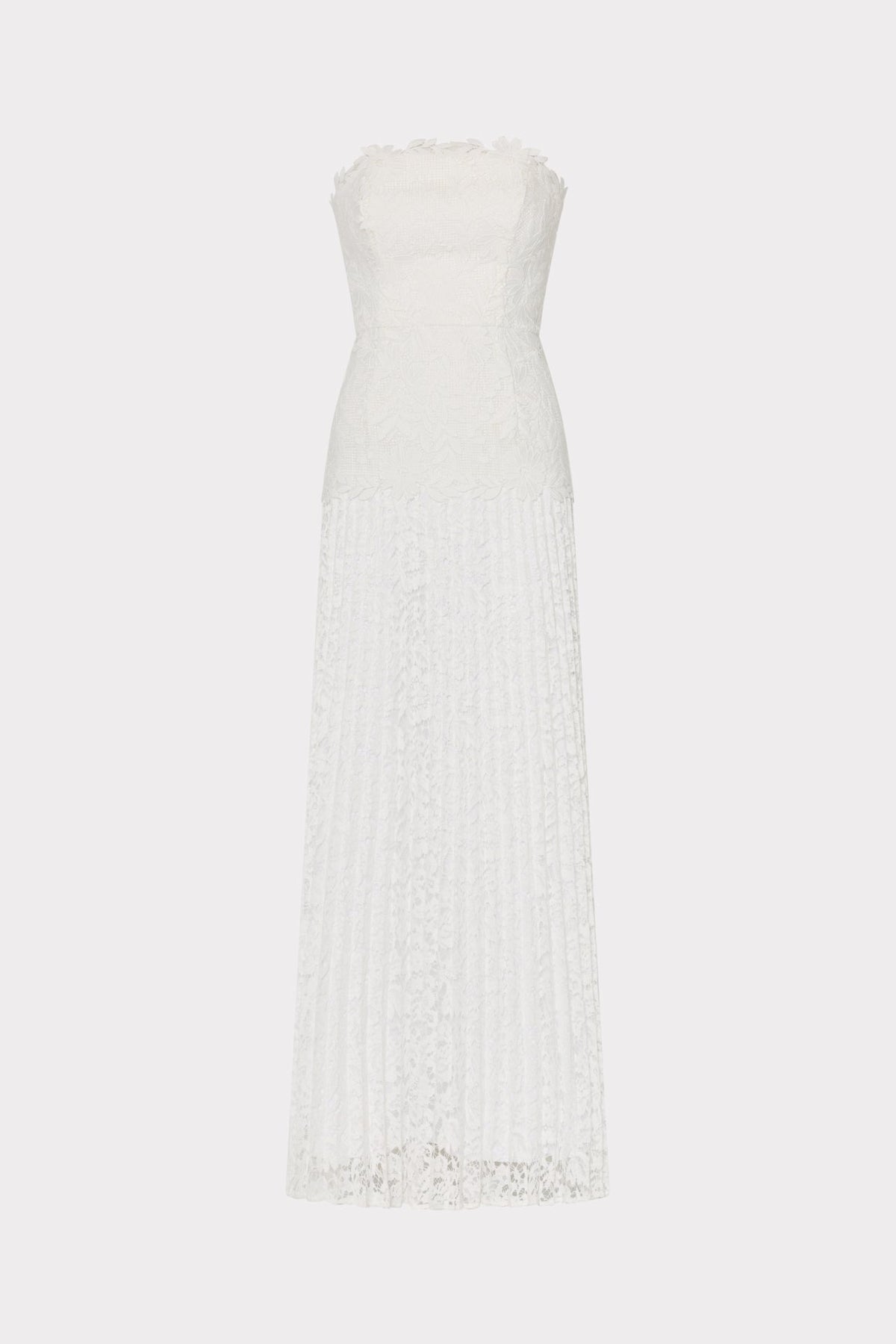 Norelle Strapless Mixed Laces Pleated Maxi Dress White | Milly Women
