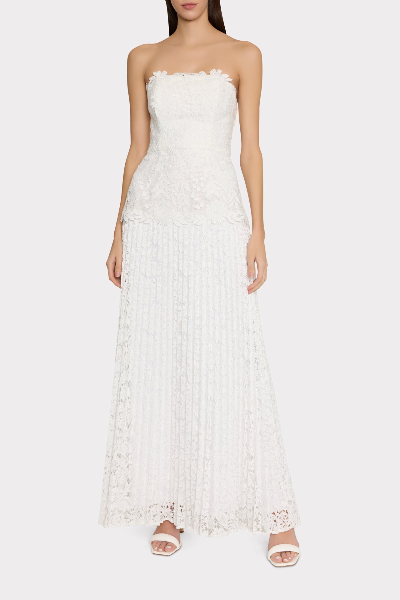 Norelle Strapless Mixed Laces Pleated Maxi Dress White | Milly Women