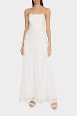 Norelle Strapless Mixed Laces Pleated Maxi Dress White | Milly Women