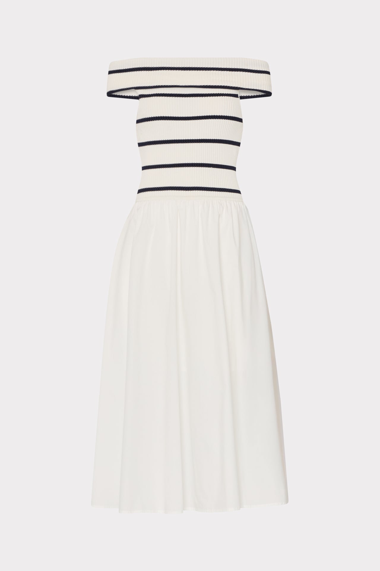 Off The Shoulder Stripe Knit Poplin Midi Dress Ecru/Navy | Milly Women