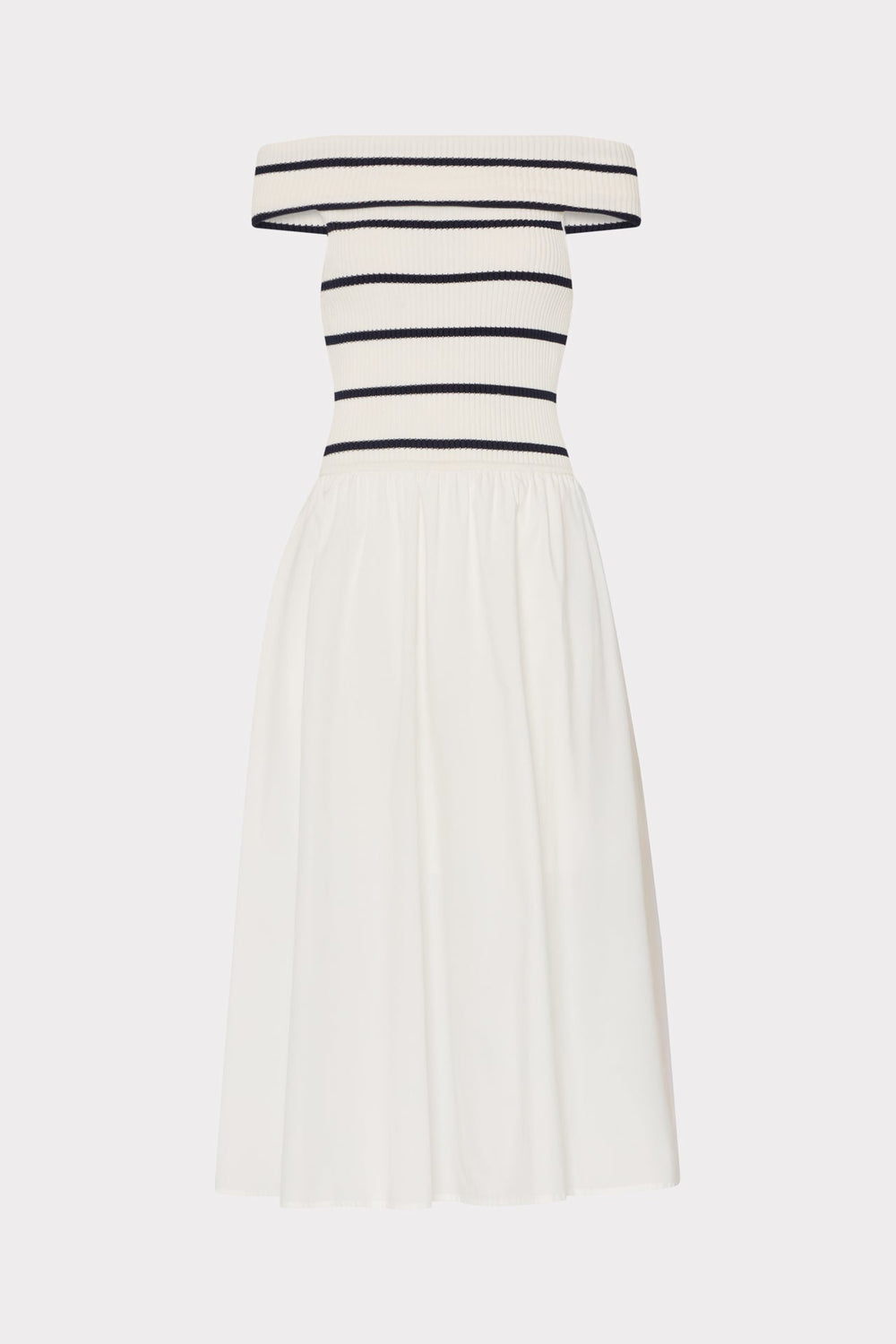 Off The Shoulder Stripe Knit Poplin Midi Dress Ecru/Navy | Milly Women