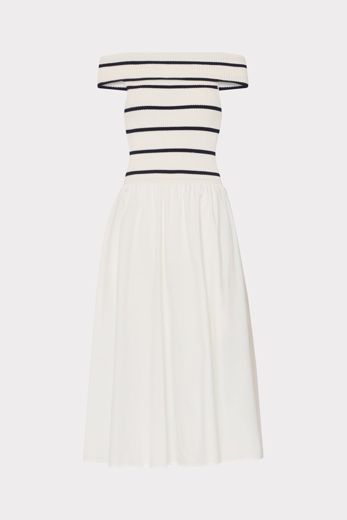 Off The Shoulder Stripe Knit Poplin Midi Dress Ecru/Navy | Milly Women