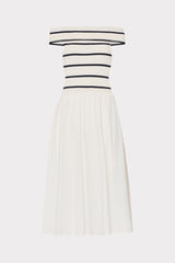 Off The Shoulder Stripe Knit Poplin Midi Dress Ecru/Navy | Milly Women