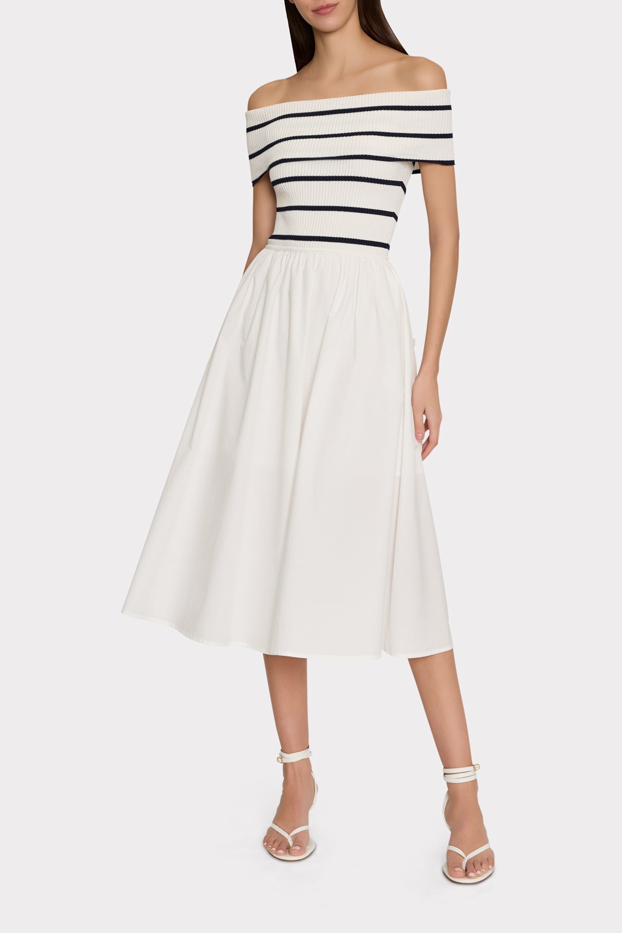 Off The Shoulder Stripe Knit Poplin Midi Dress Ecru/Navy | Milly Women