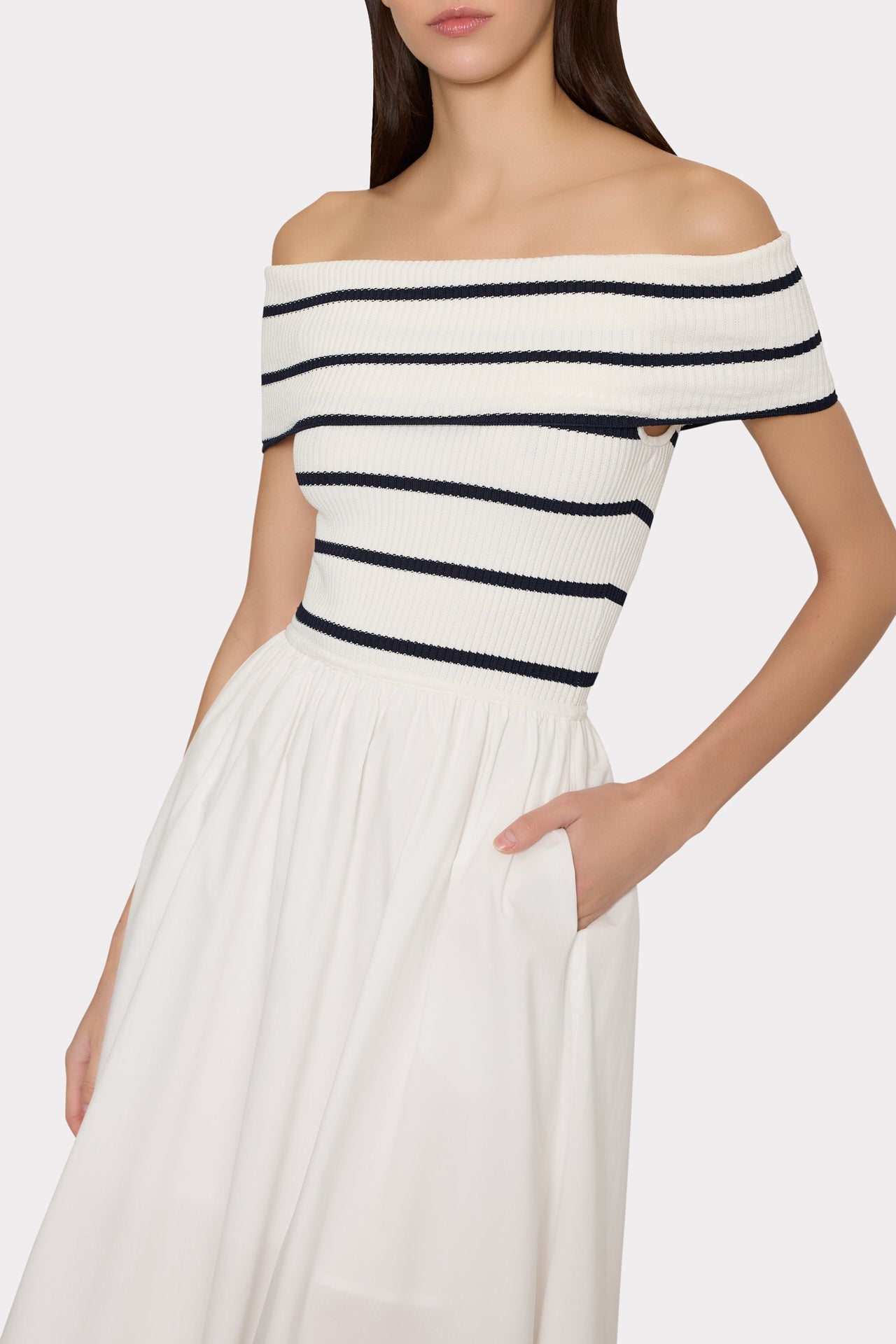 Off The Shoulder Stripe Knit Poplin Midi Dress Ecru/Navy | Milly Women