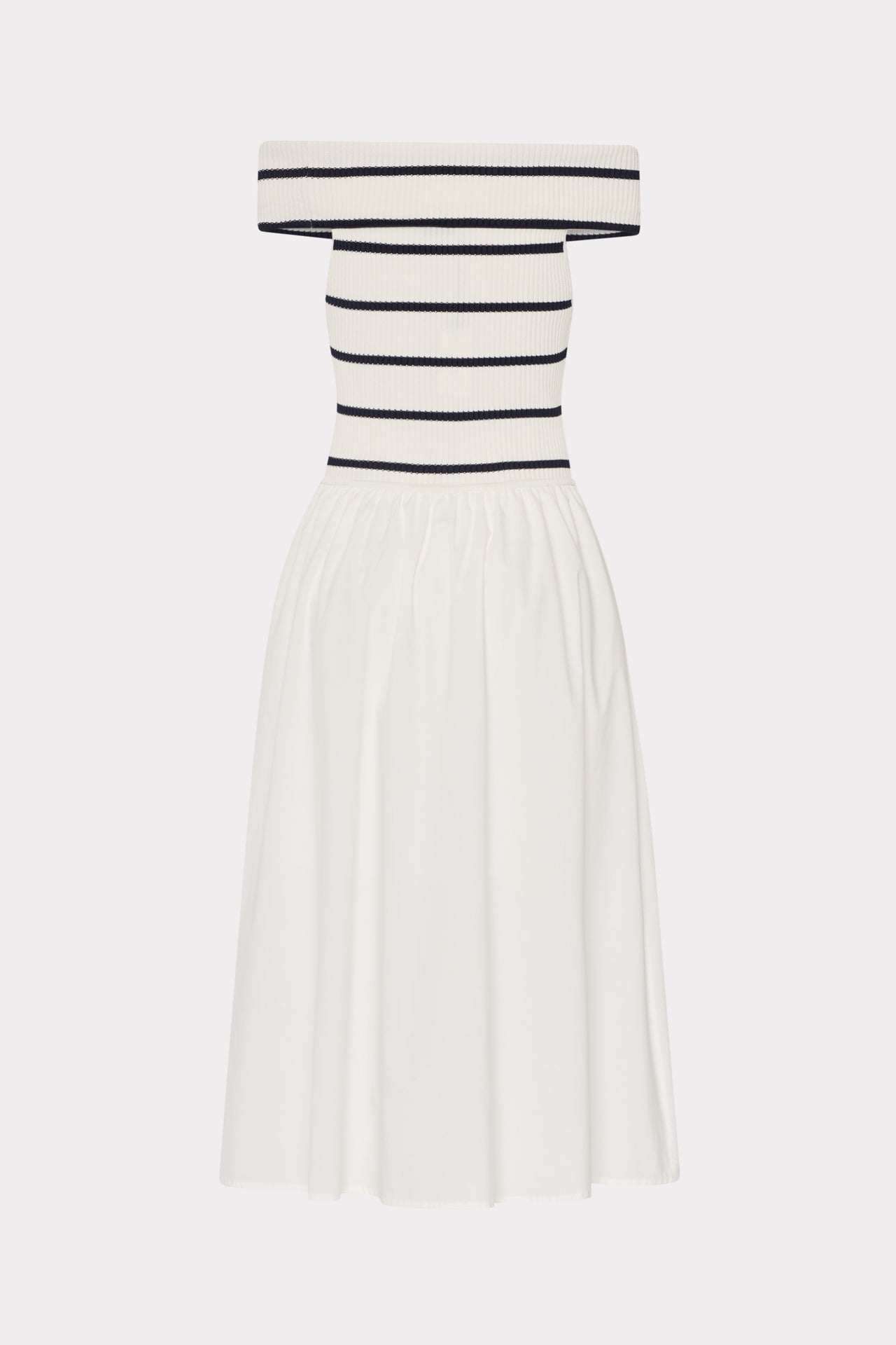 Off The Shoulder Stripe Knit Poplin Midi Dress Ecru/Navy | Milly Women