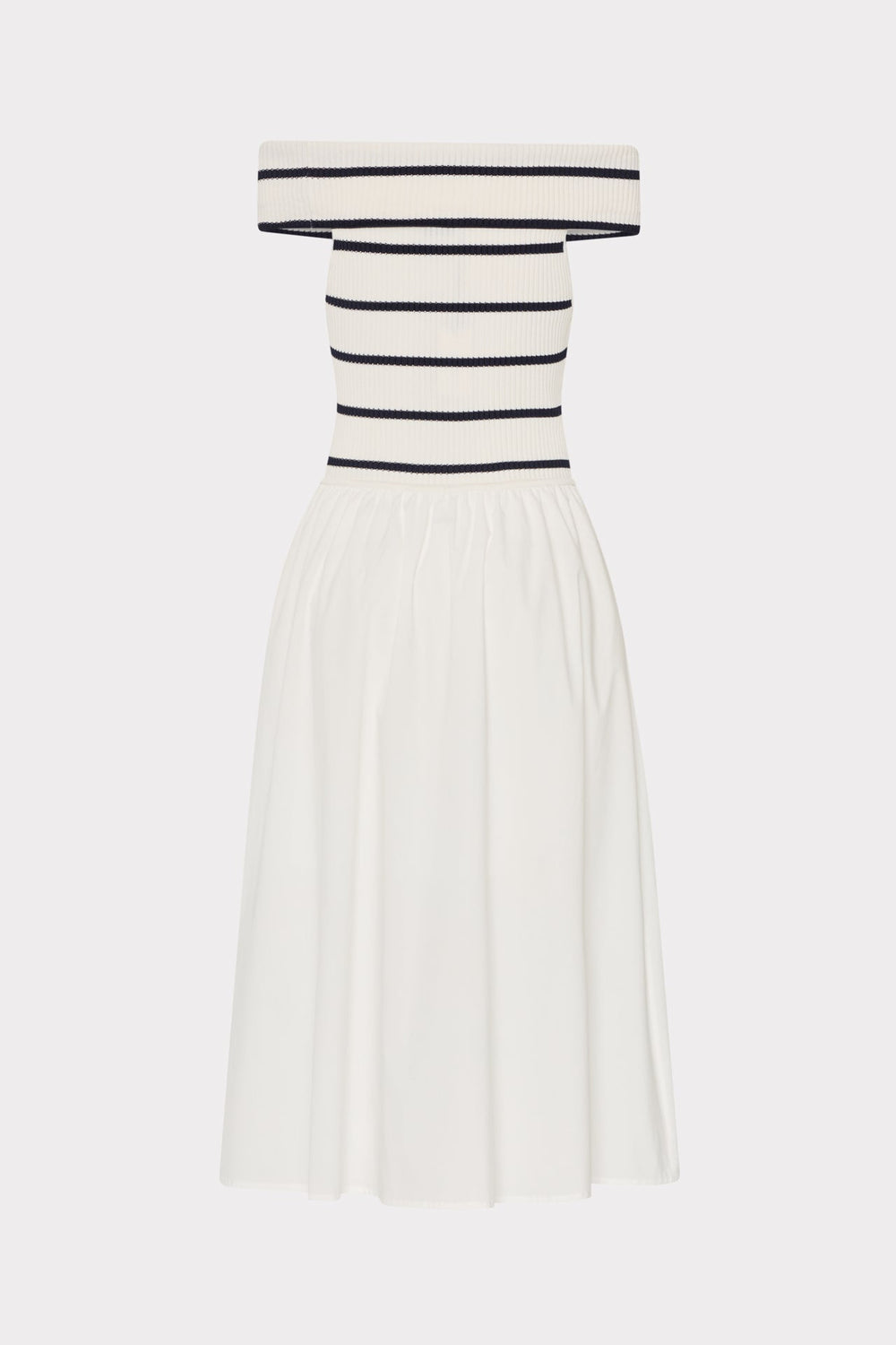 Off The Shoulder Stripe Knit Poplin Midi Dress Ecru/Navy | Milly Women