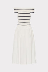 Off The Shoulder Stripe Knit Poplin Midi Dress Ecru/Navy | Milly Women