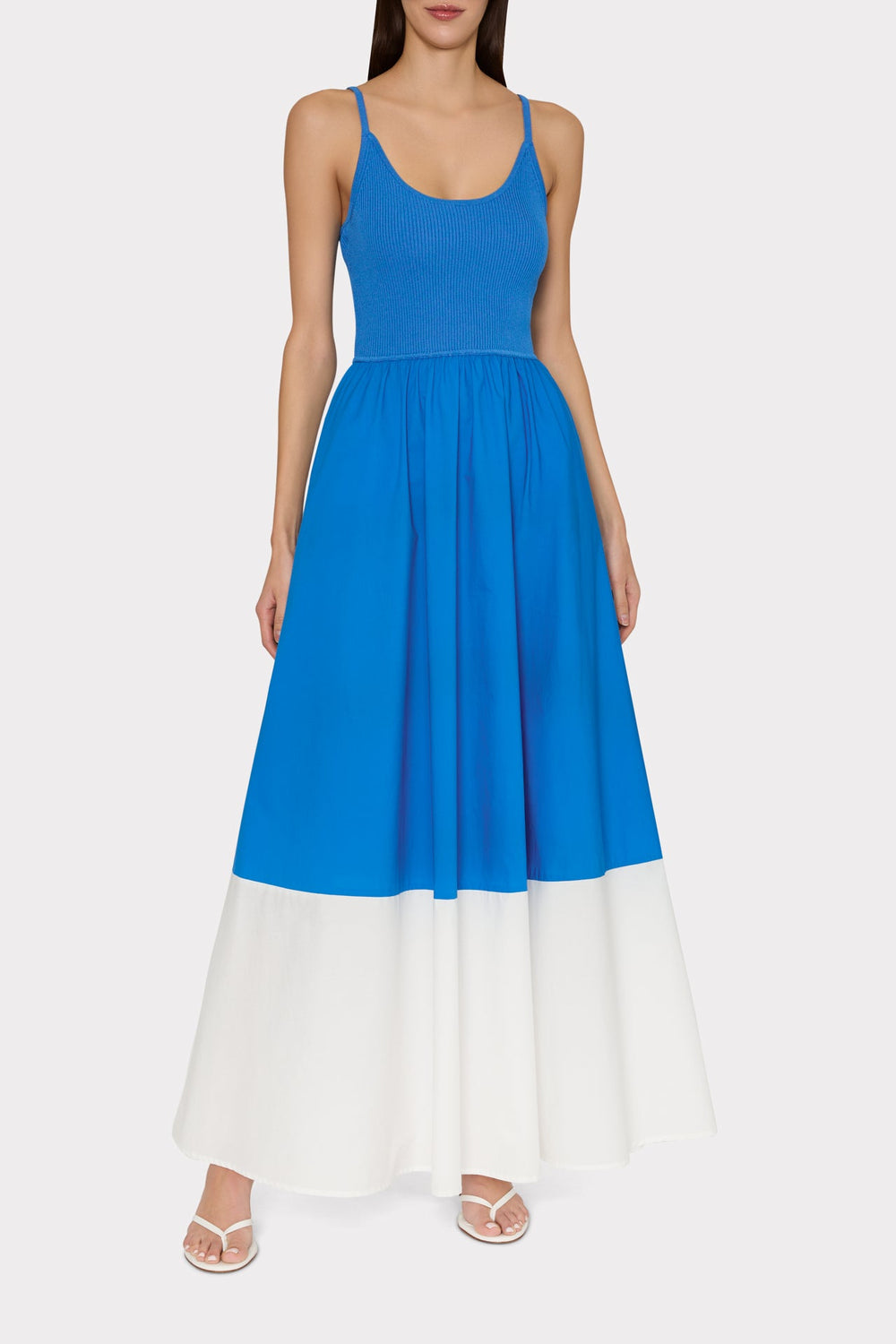 Cami Knit Poplin Blocked Midi Dress Blue/White | Milly Women