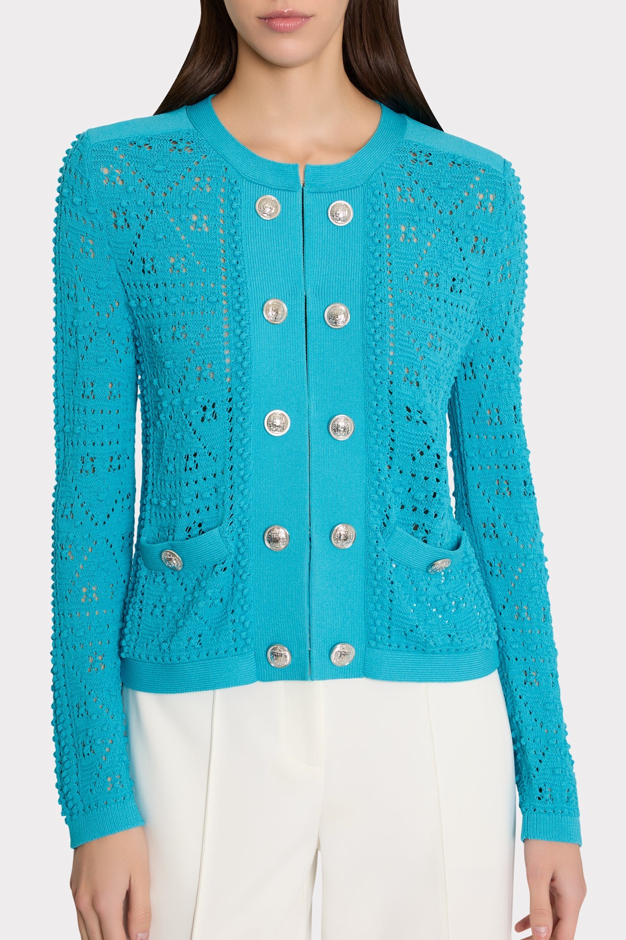 Bubble Pointelle Knit Jacket Bright Blue | Milly Women