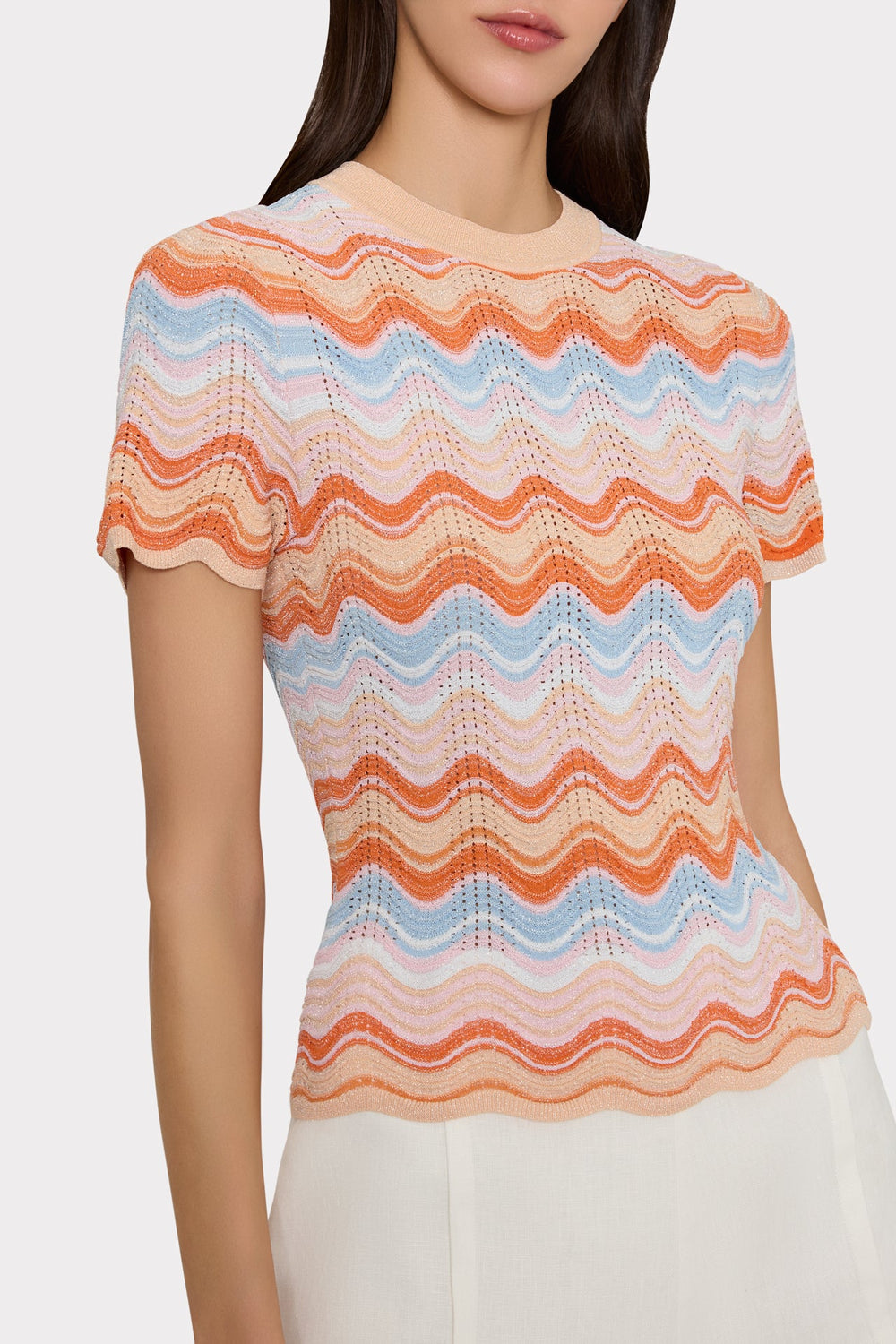Scallop Wave Short Sleeve Top Coral Pink Multi | Milly Women