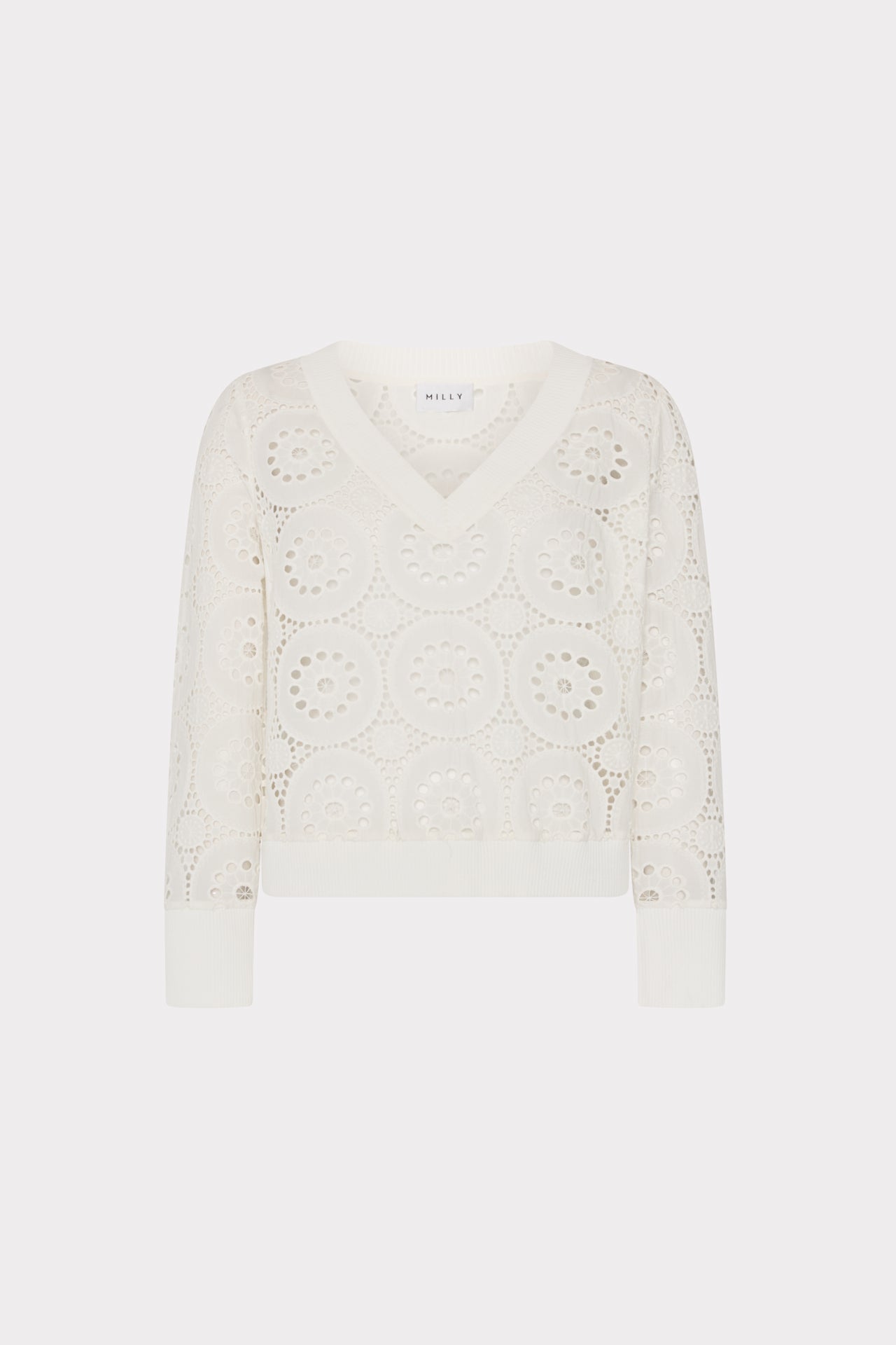 V-Neck Embroidery Knit Detail Top Ecru | Milly Women